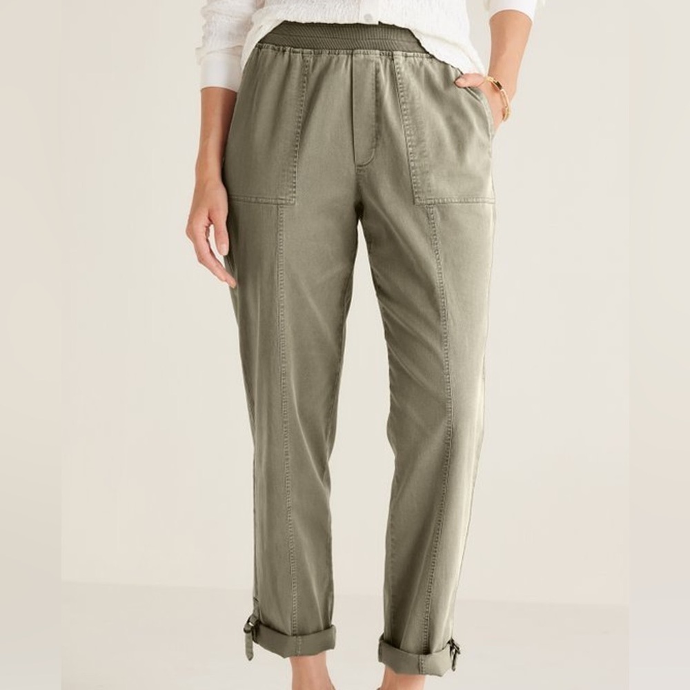 Soft Surroundings Womens Green Pull On Medina Pants Cargo Sz L  Roll Tab At Hems
